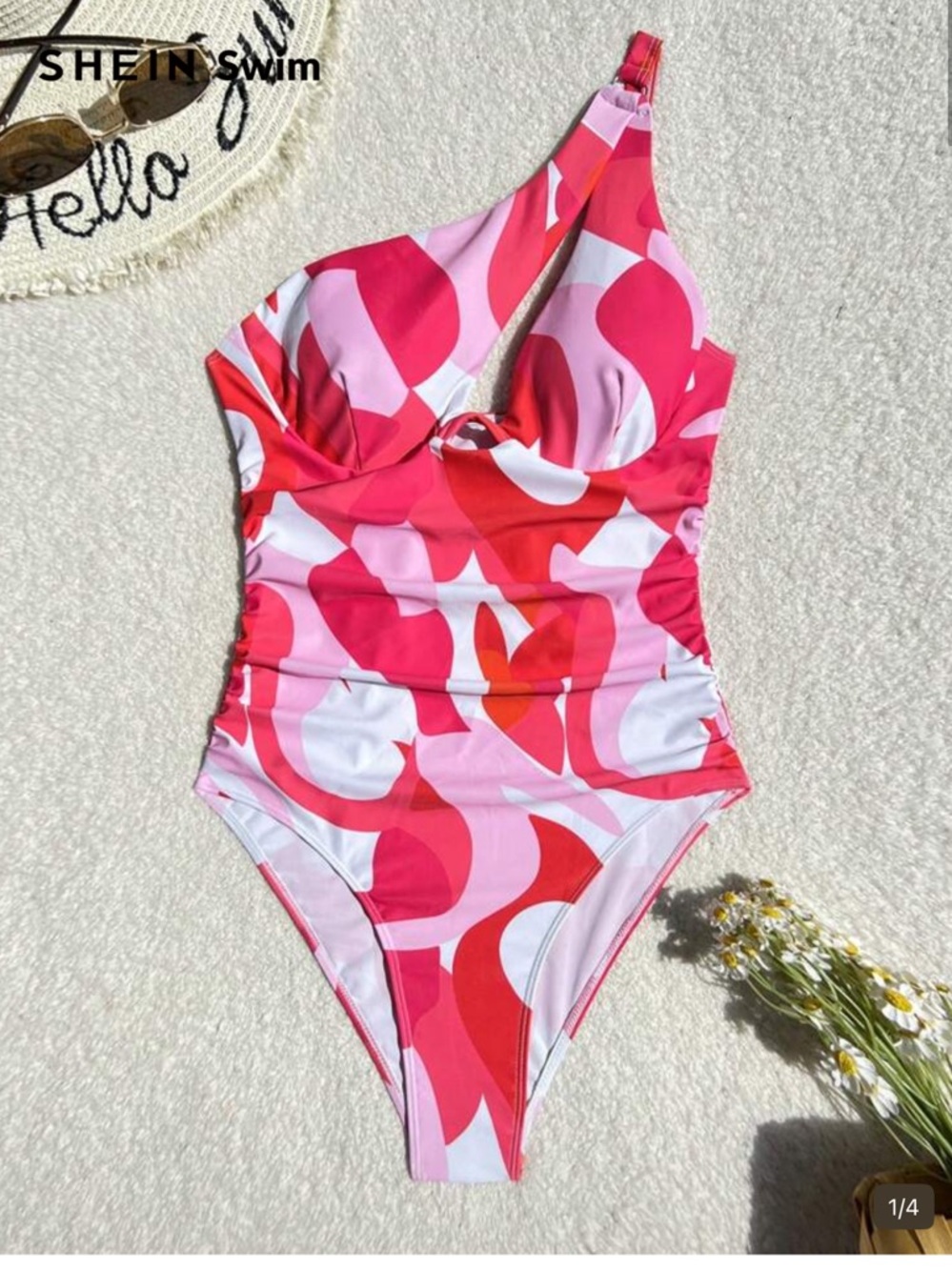 SHEIN Pink & Red One-Shoulder One-Piece Swimsuit
